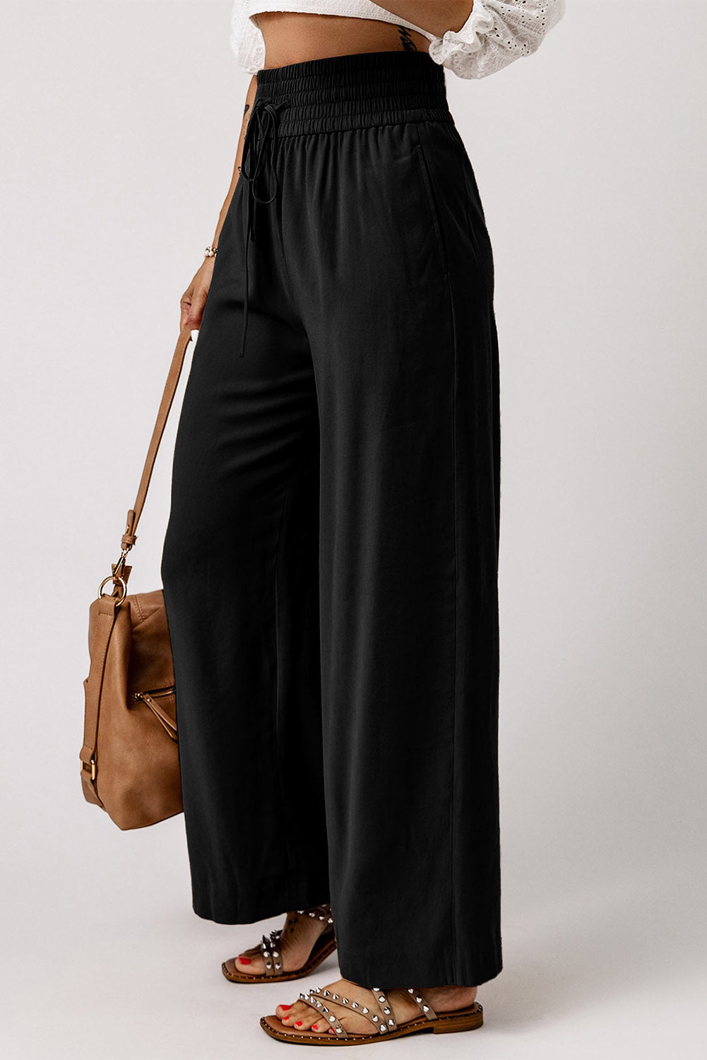 Drawstring Smocked Waist Wide Leg Pants-Mope's Closet