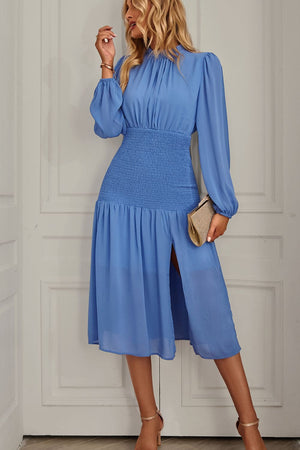 Slit Smocked Mock Neck Puff Sleeve Midi Dress-Mope's Closet