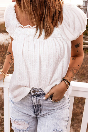 Lace Trim Tie-Back Puff Sleeve Top-Mope's Closet