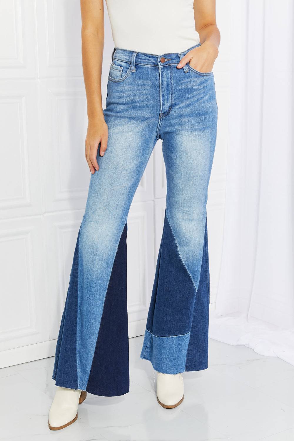 Vibrant Sienna Full Size Color Block Flare Jeans-Mope's Closet