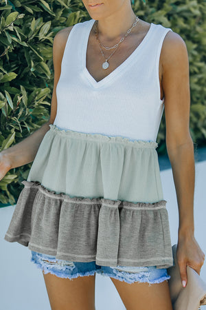 Tricolor Frill Trim V-Neck Sleeveless Top-Mope's Closet