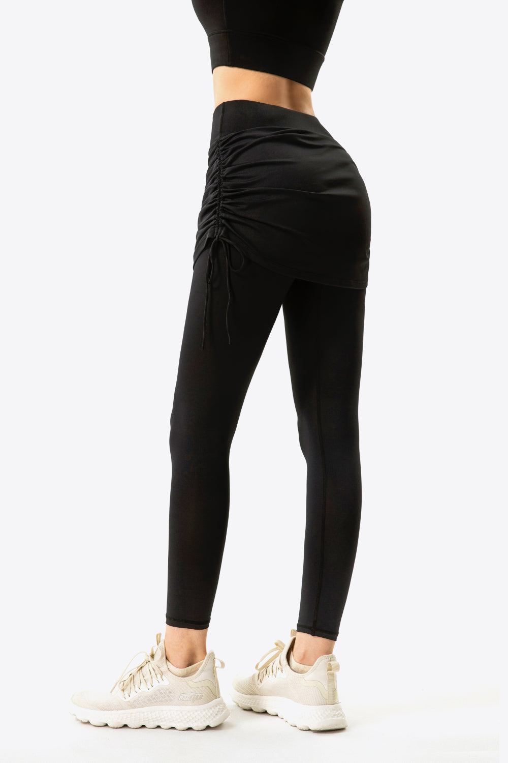 Drawstring Ruched Faux Layered Yoga Leggings-Mope's Closet