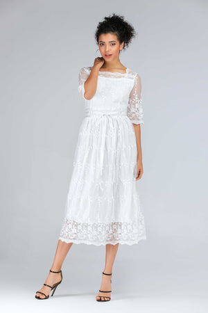 Scalloped Lace Half Sleeve Midi Dress-Mope's Closet