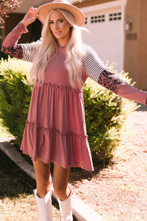 Mixed Print Frill Trim Long Sleeve Dress-Mope's Closet