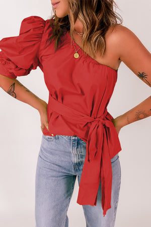 Tied Puff Sleeve One-Shoulder Top-Mope's Closet