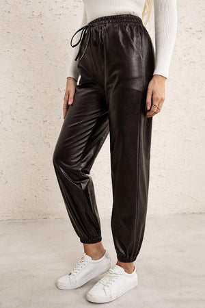 Elastic Waist PU Leather Joggers-Mope's Closet