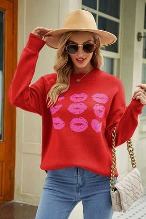 Lip Graphic Slit Dropped Shoulder Sweater-Mope's Closet