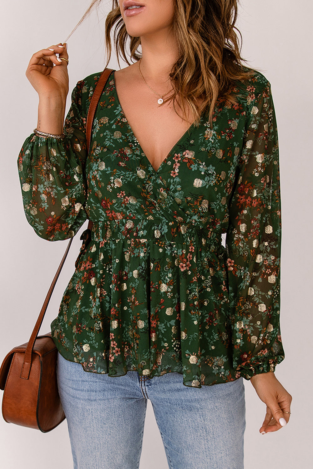 Floral Surplice Peplum Blouse-Mope's Closet