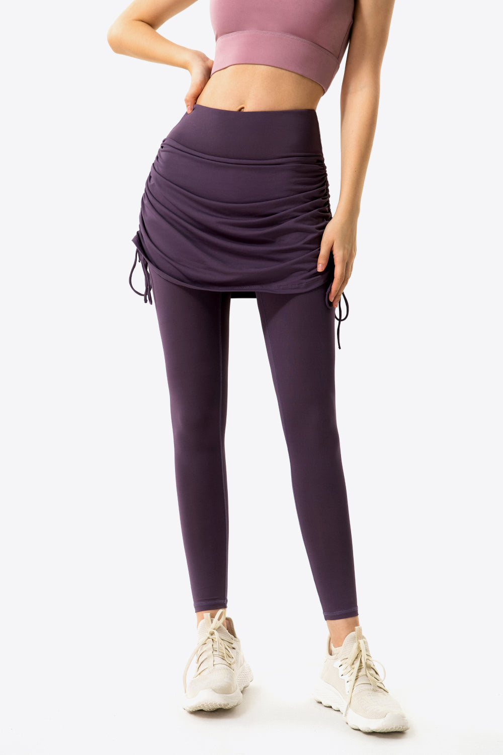 Drawstring Ruched Faux Layered Yoga Leggings-Mope's Closet