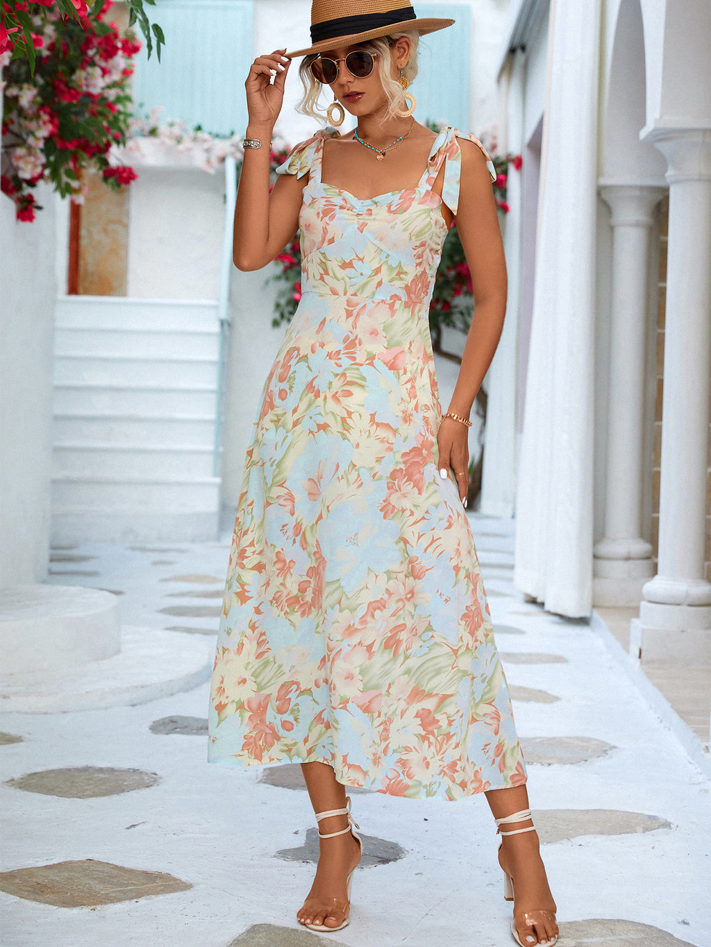 Floral Tie-Shoulder Sweetheart Neck Dress-Mope's Closet