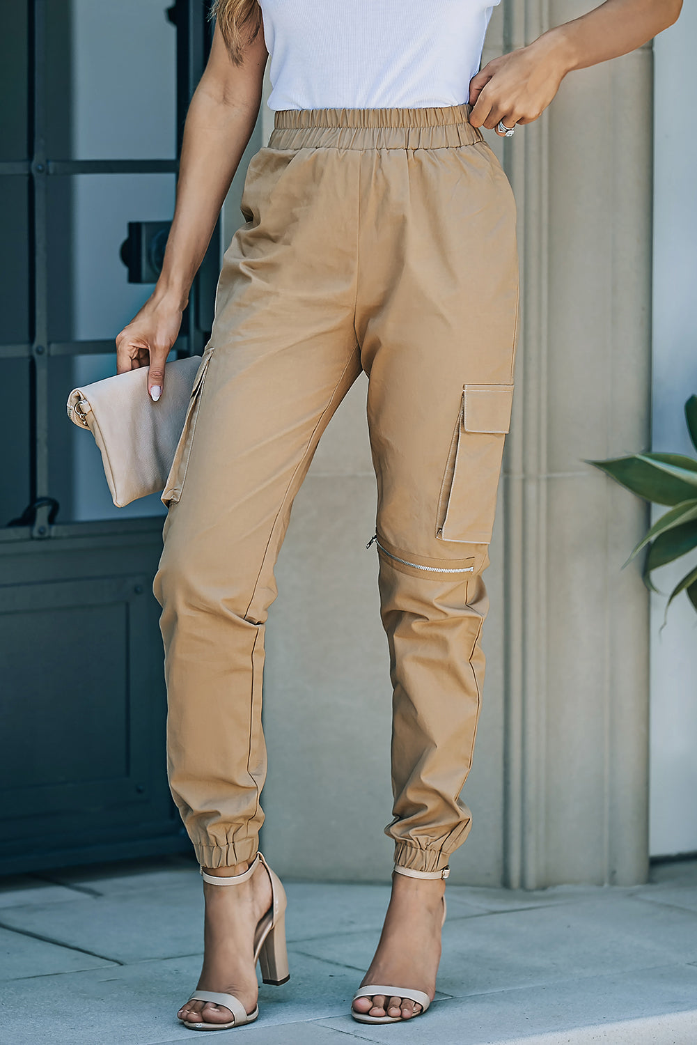 Elastic Waist Ankle-Length Cargo Joggers-Mope's Closet