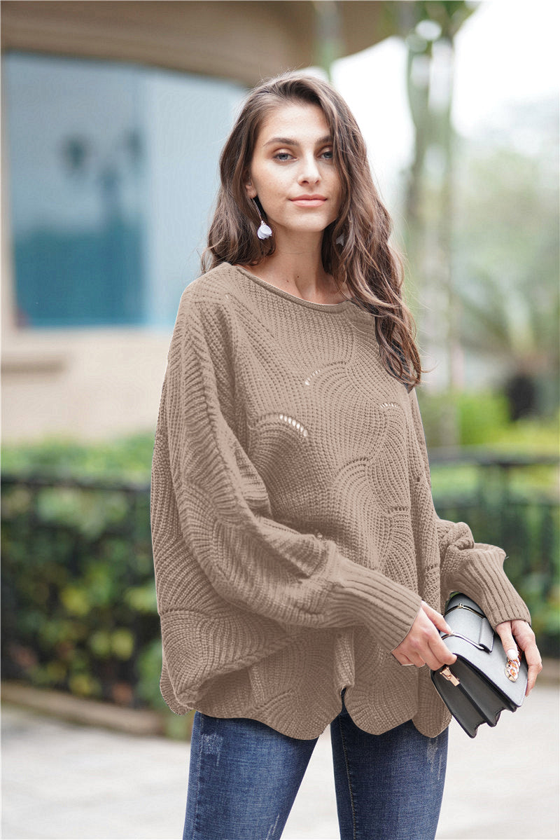 Openwork Boat Neck Sweater with Scalloped Hem-Mope's Closet