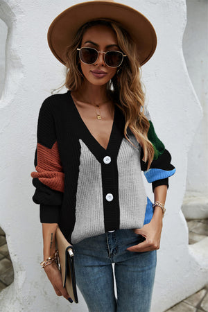 Contrast Button Front V-Neck Cardigan-Mope's Closet