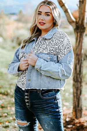 Plus Size Leopard Raw Hem Distressed Spliced Denim Jacket-Mope's Closet