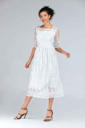 Scalloped Lace Half Sleeve Midi Dress-Mope's Closet