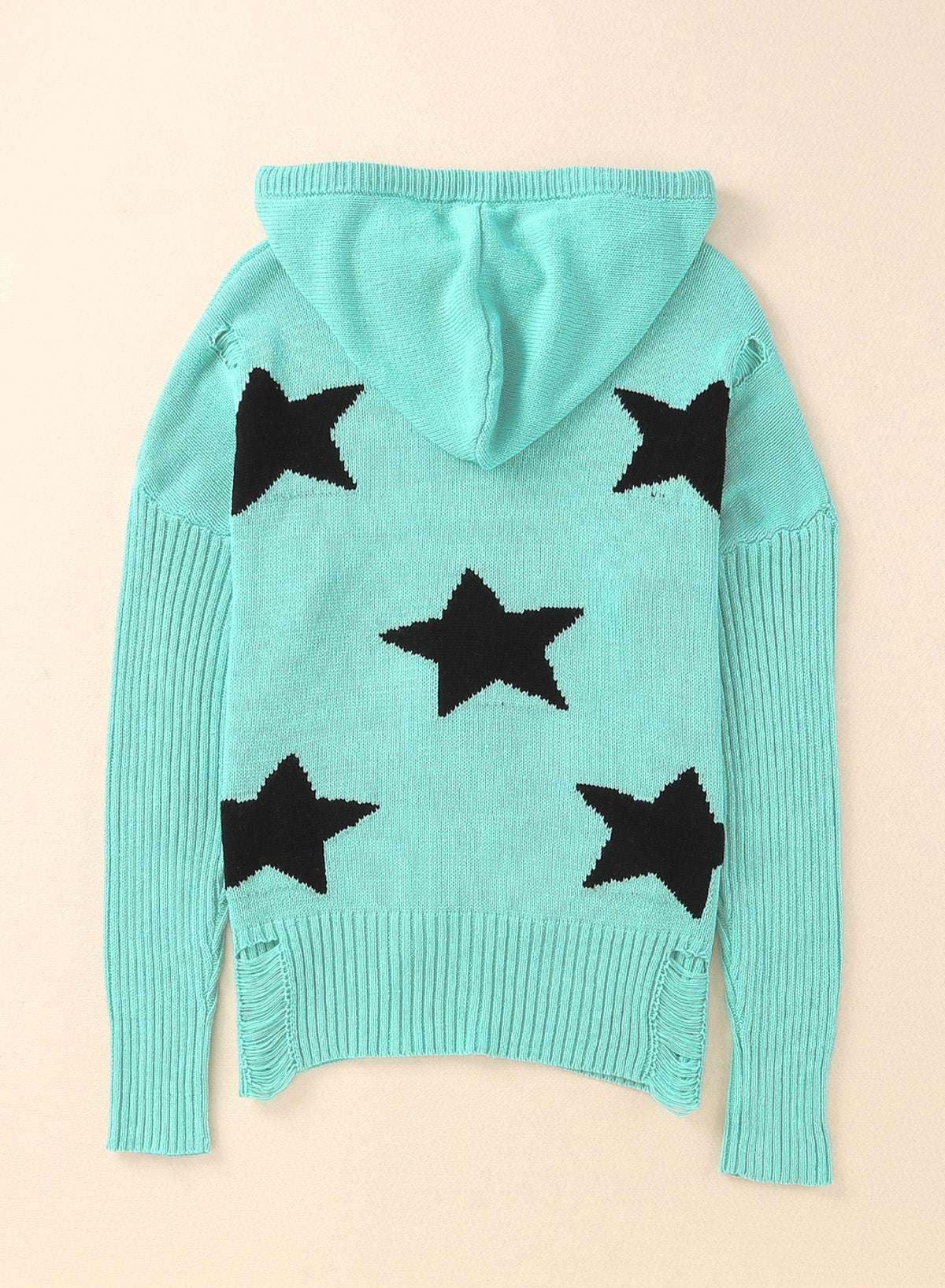 Star Distressed Slit Hooded Sweater-Mope's Closet