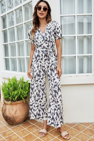 Printed Tie-Waist Surplice Jumpsuit-Mope's Closet