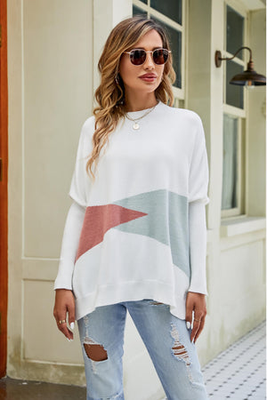 Color Block Round Neck Side Slit Sweater-Mope's Closet