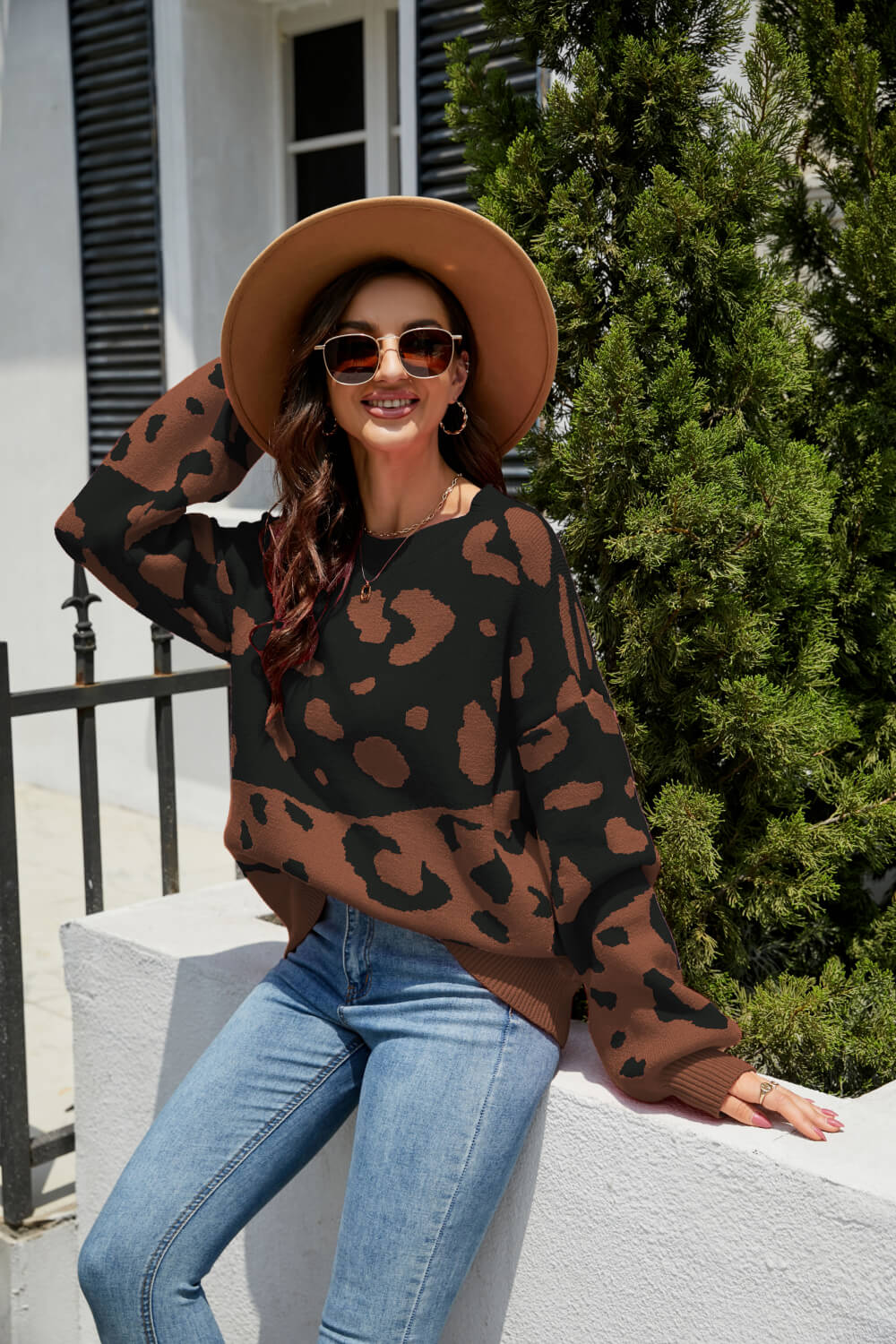 Leopard Ribbed Trim Dropped Shoulder Sweater-Mope's Closet