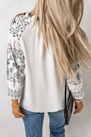 Printed Tassel Tie Puff Sleeve Blouse-Mope's Closet