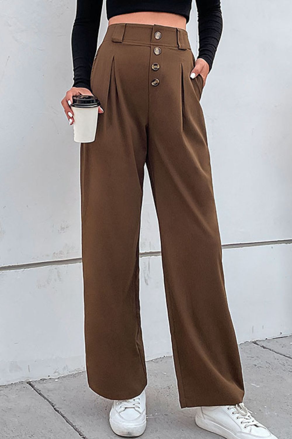 Button-Fly Pleated Waist Wide Leg Pants with Pockets-Mope's Closet