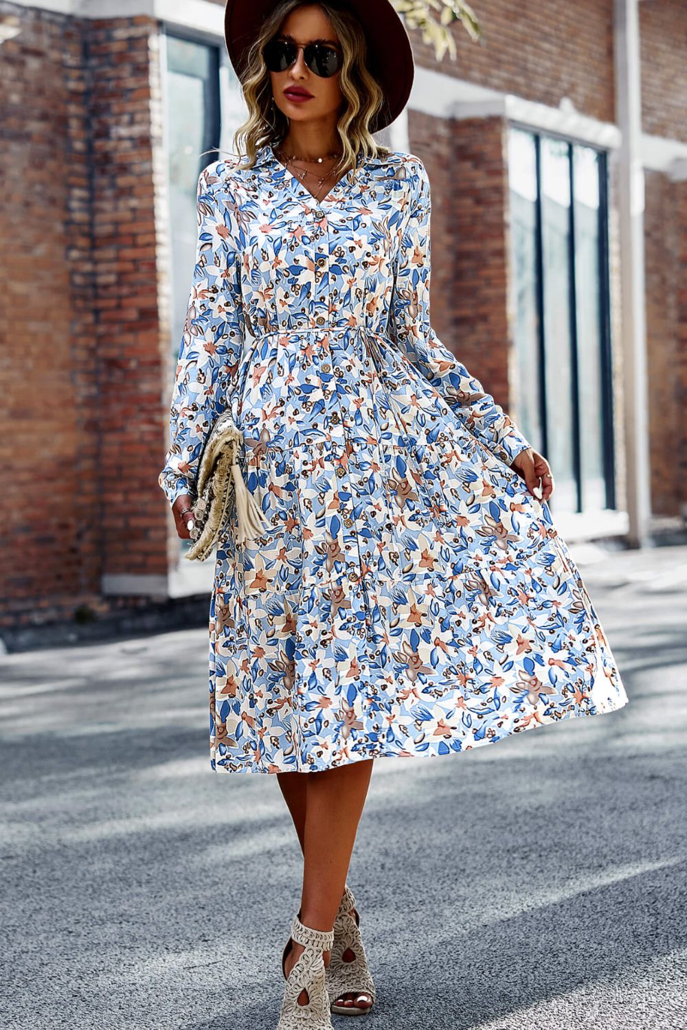 Printed Button Front Belted Tiered Shirt Dress-Mope's Closet