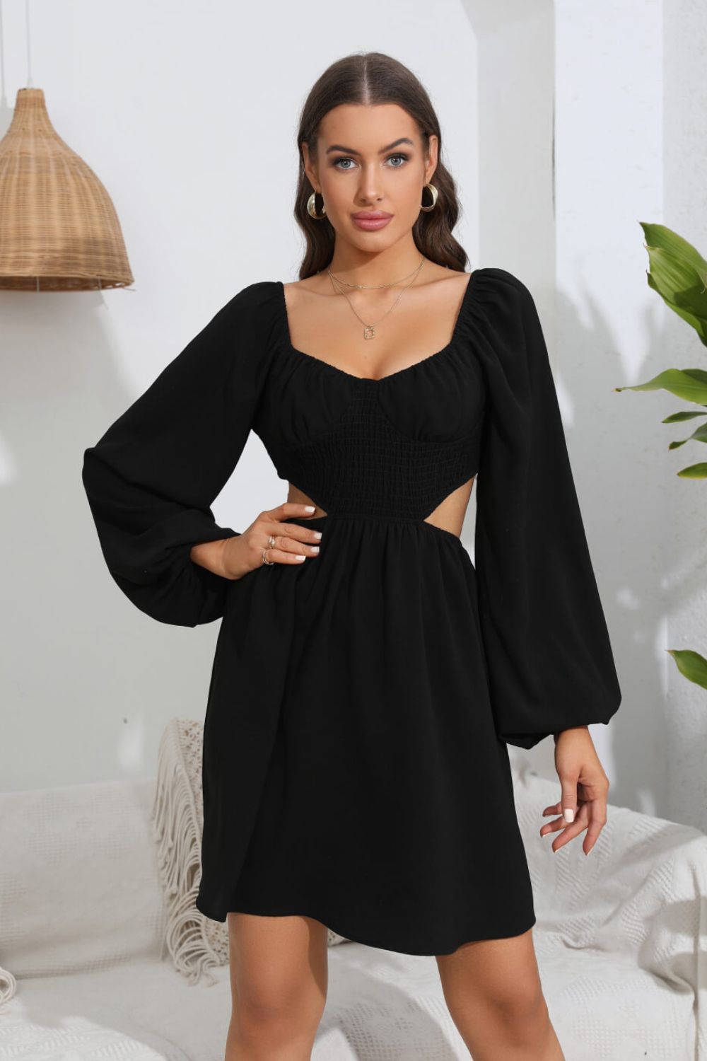 Cutout Long Balloon Sleeve Dress-Mope's Closet