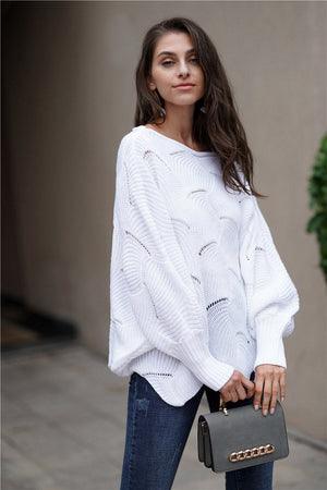 Openwork Boat Neck Sweater with Scalloped Hem-Mope's Closet