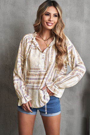 Printed Flounce Sleeve Ruffled Neck Blouse-Mope's Closet