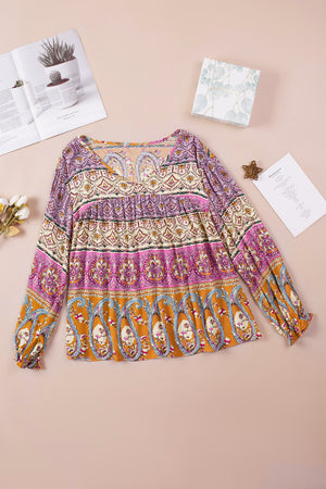 Bohemian Long Flounce Sleeve V-Neck Blouse-Mope's Closet