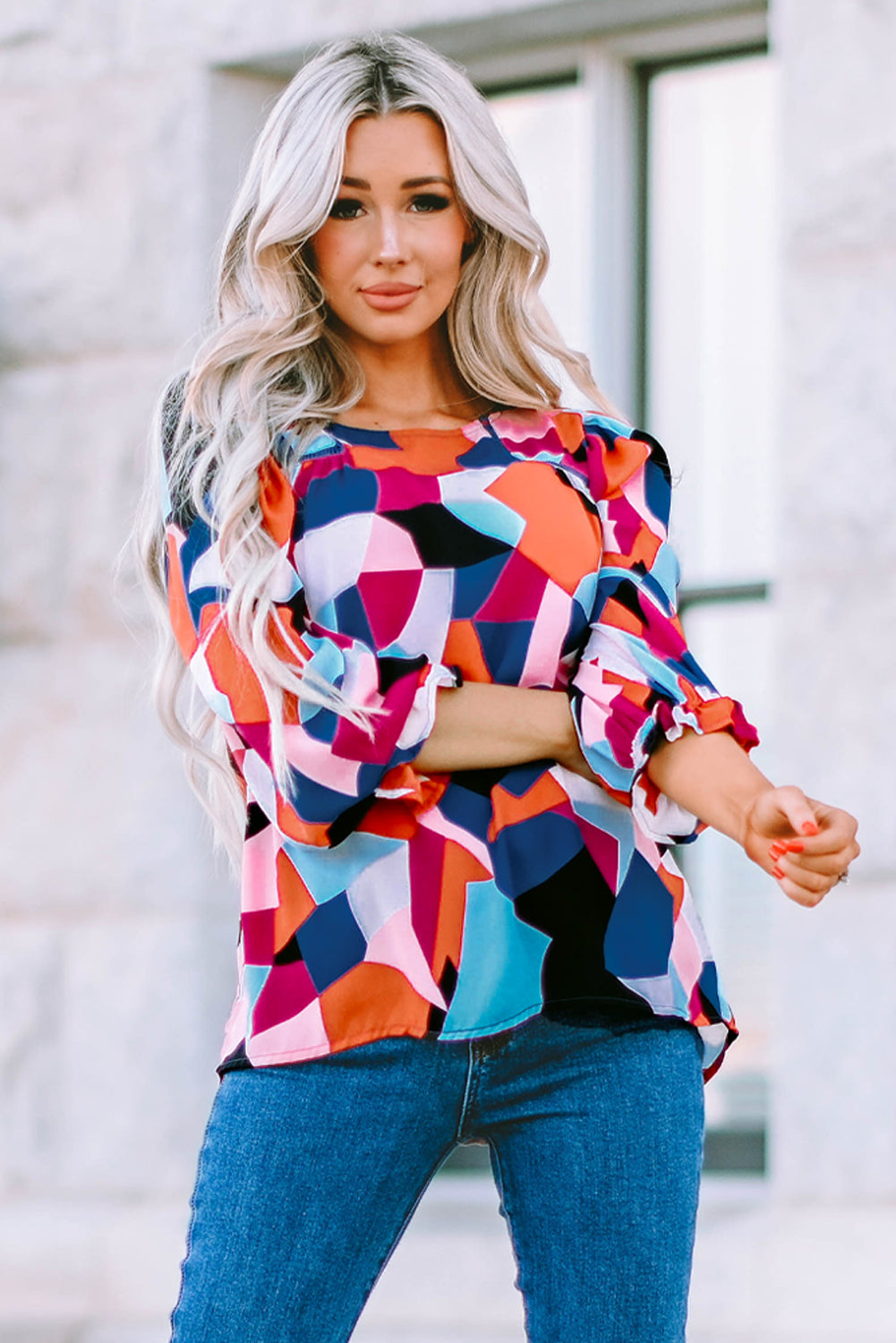 Geometric Flounce Sleeve Blouse-Mope's Closet