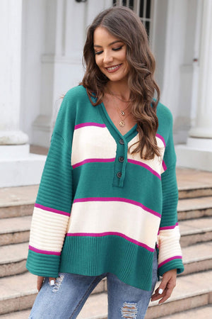 Striped Dropped Shoulder Side Slit Sweater-Mope's Closet