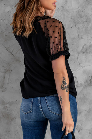 Polka Dot Lace Trim Spliced Mesh Blouse-Mope's Closet