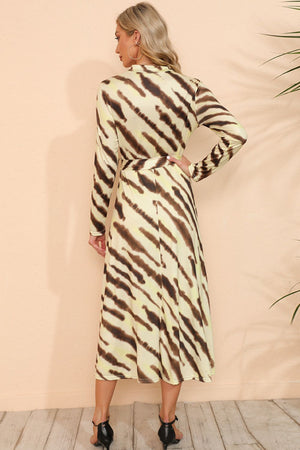 Printed Mock Neck Long Sleeve Slit Dress-Mope's Closet