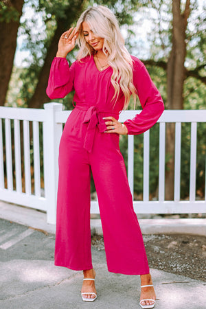 Belted V-Neck Wide Leg Jumpsuit-Mope's Closet