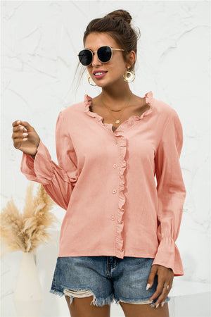 Frill Trim V-Neck Flounce Sleeve Shirt-Mope's Closet