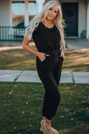 Belted V-Neck Jogger Jumpsuit-Mope's Closet