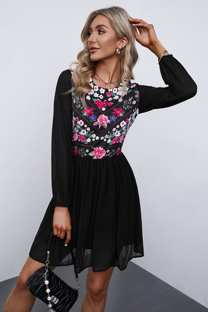 Floral Mesh Sleeve Lined Dress-Mope's Closet