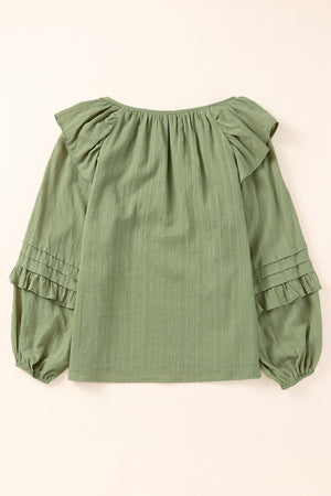 Ruffled Notched Neck Balloon Sleeve Blouse-Mope's Closet