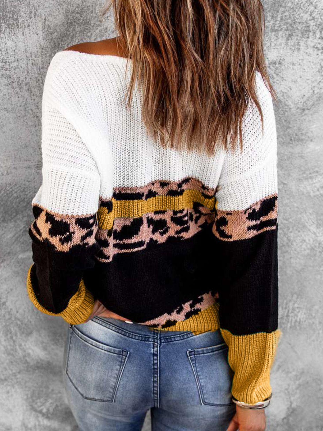 Leopard Color Block V-Neck Rib-Knit Sweater-Mope's Closet