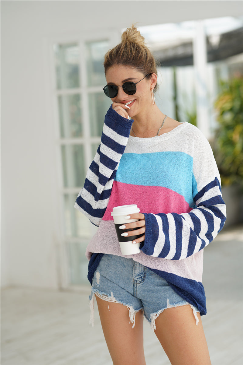 Striped Ribbed Trim Bell Sleeve Sweater-Mope's Closet