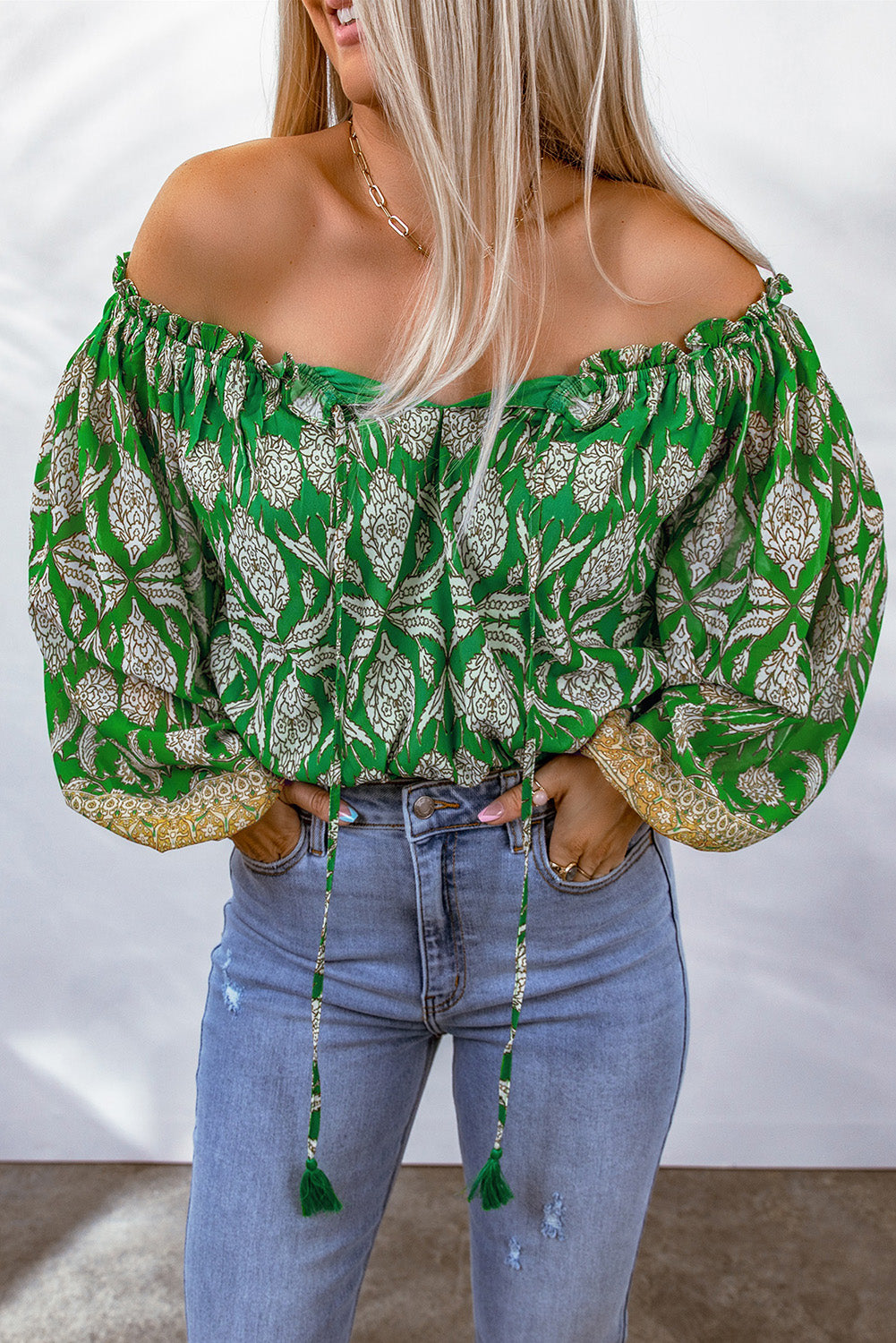 Printed Tassel Tie Balloon Sleeve Blouse-Mope's Closet