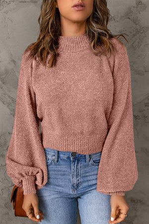 Ribbed Trim Balloon Sleeve Sweater-Mope's Closet