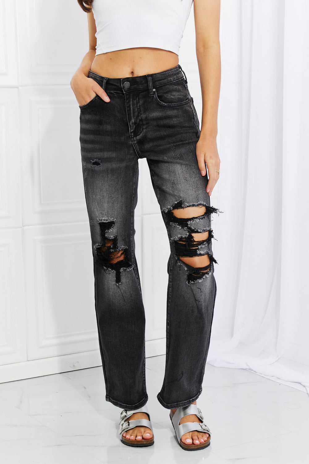 RISEN Full Size Lois Distressed Loose Fit Jeans-Mope's Closet