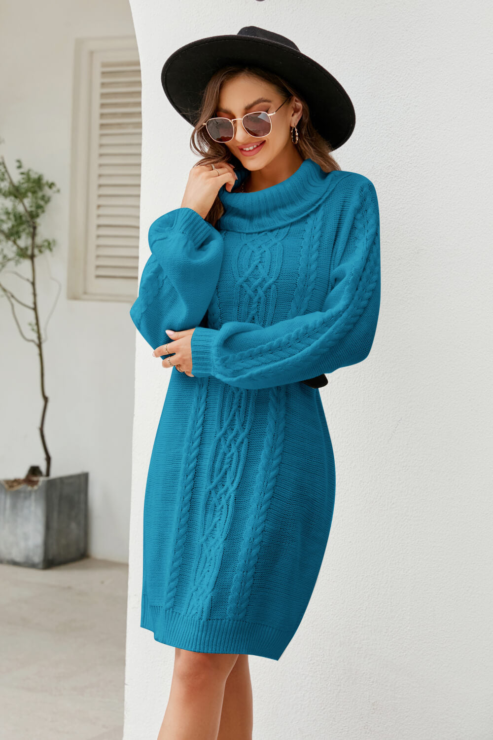 Mixed Knit Turtleneck Lantern Sleeve Sweater Dress-Mope's Closet