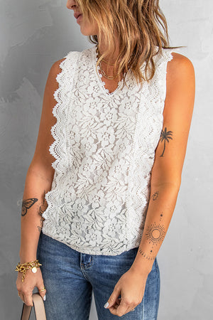 Scalloped V-Neck Lace Tank-Mope's Closet