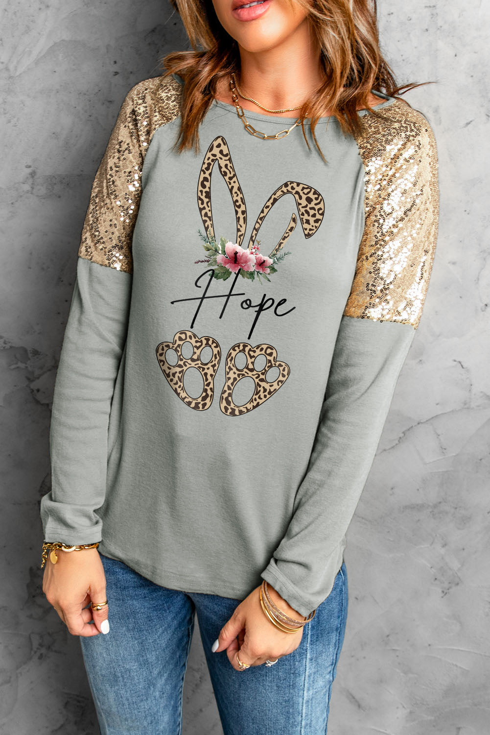 Leopard Sequin Round Neck Long Sleeve Top-Mope's Closet