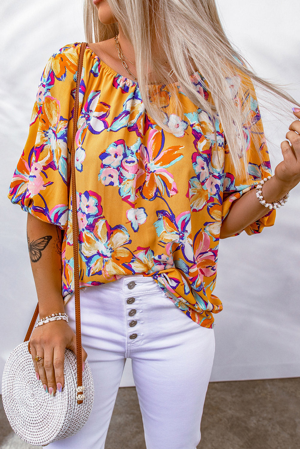 Floral Puff Sleeve Boat Neck Blouse-Mope's Closet