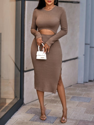 Textured Cutout Long Sleeve Slit Dress-Mope's Closet