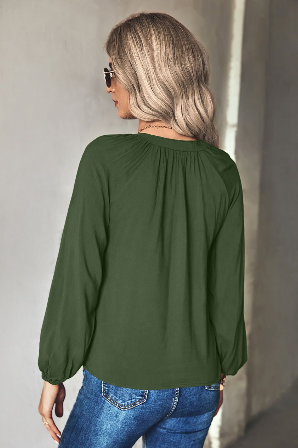 Gathered Detail Tie-Neck Blouse-Mope's Closet